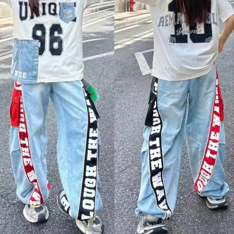 ANJY automne nouvelles femmes Chic Streetwear Denim Patchwork lettre imprimé cordon taille élastique pantalon élégant jean droit A7709