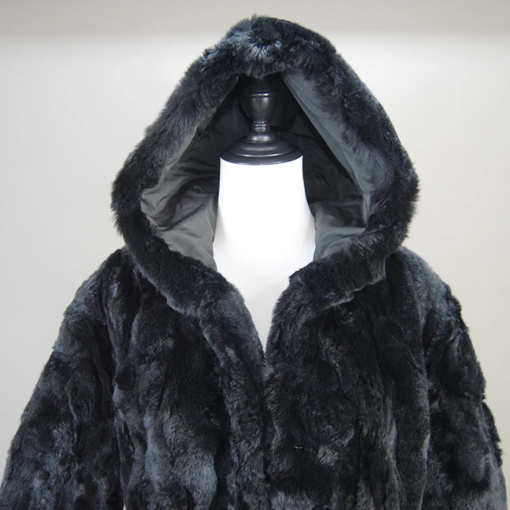 Lady Real Rex Rabbit Fur Coat Luxury Hooded Genuine Rex Rabbit Fur Coat 2025 Fashion Women Whole Skin Real Rex Rabbit Fur Coat