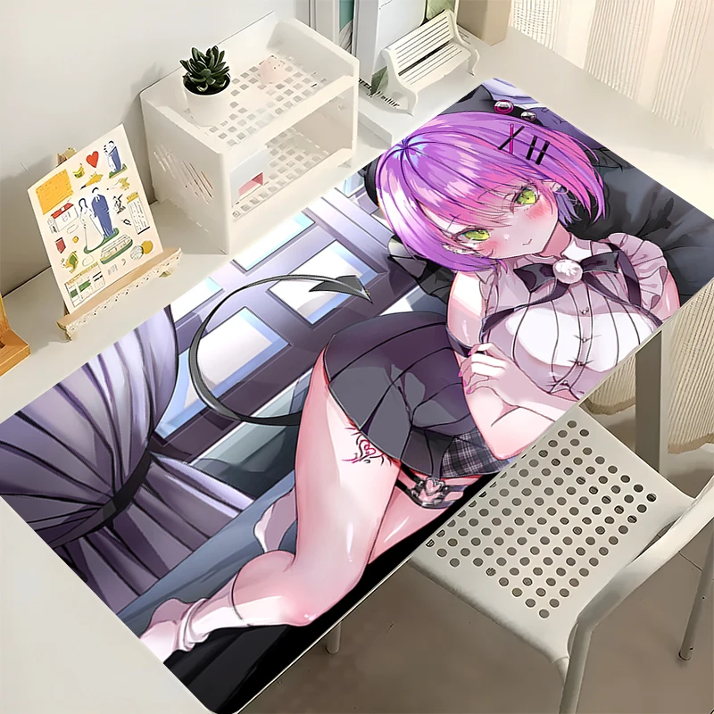 Anti-slip Gaming Desk Mat with Stitched Edges, Kawaii Purple Demon Girl Design Large Mouse Pad for Home Office Use