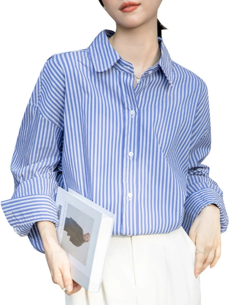 Blauw Gestreepte Lange Sve Dames Irt Lente Herfst 2025, Nieuwe Innerlijke Slijtage Luxe Vintage Top Woon-werk Sle Koreaanse versie