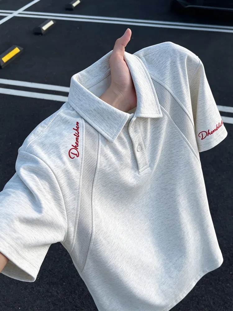 Summer Fashion Men's  Shirt Short Sleeve Embroidered White Flower Grey Collar T-Shirt Boxy Shoulder Flip Collar Half Sleeve
