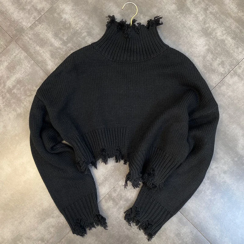 2022 Autumn Winter Chic Women Green Hollow Crop Turtleneck Sweater Vintage Ladies Sweet Knitted Jumper Tops