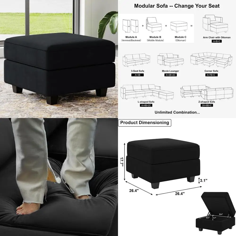 مكعب تخزين عثماني مخملي للأريكة المقطعية المعيارية، مقعد قدم بمقعد مربع، أسود #1