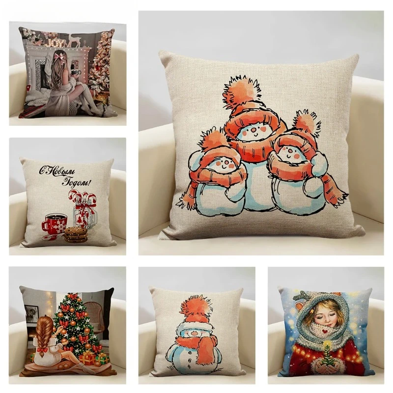 

Christmas Decorative Cushion Cover 45x45cm Linen Printed Pillow Case Home Decor Christmas Tree Sofa Pillowcase