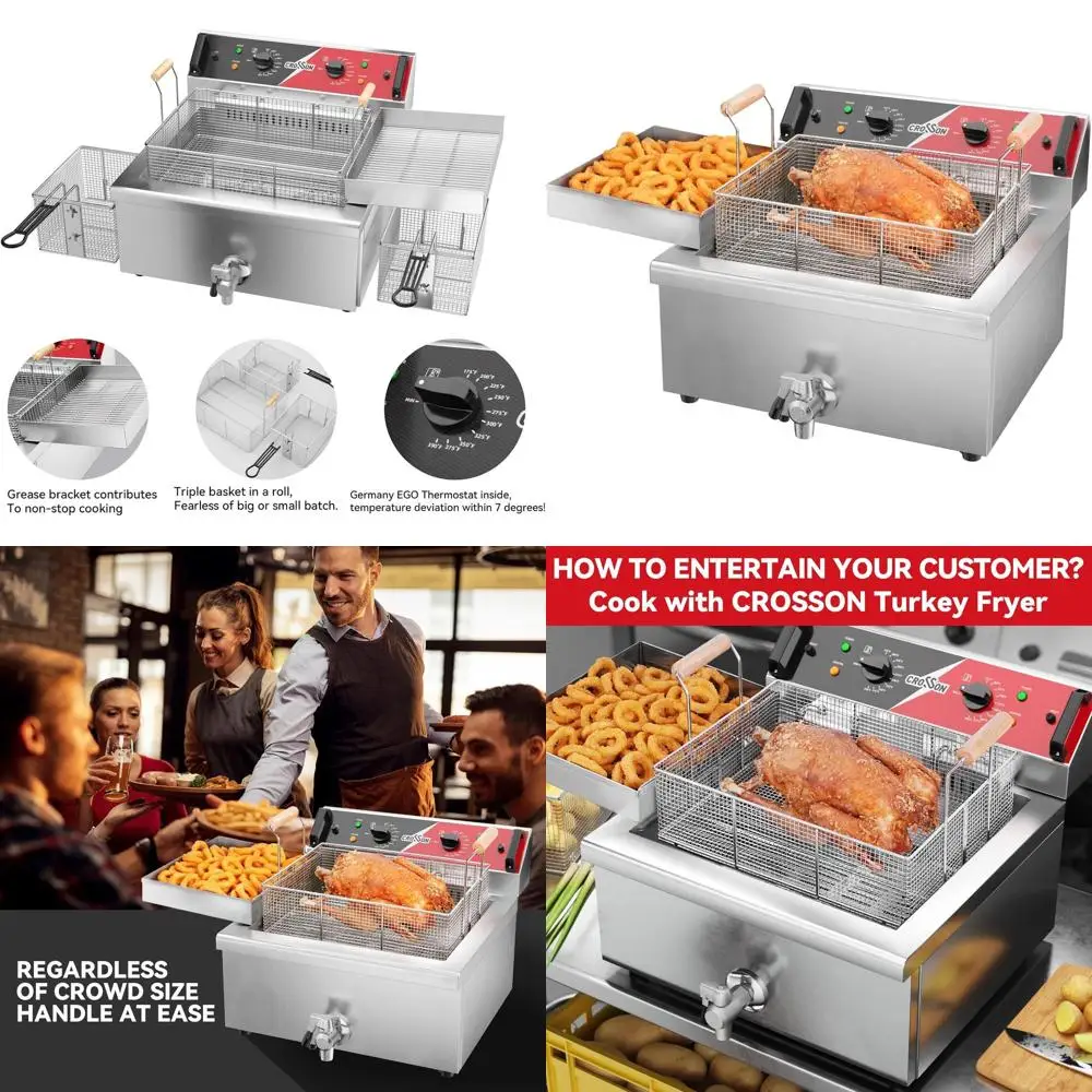 

Triple Basket Electric Turkey Fryer with Oil Drain, Ideal for Whole Fish or Turkey, Commercial Countertop Deep Fryer