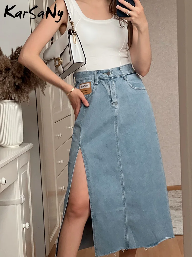 KarSaNy Casual Jeans Skirts Womens 2023 Side Slit Sexy Long Denim Skirt High Waist Summer Vintage A Line Skirts For Women Denim