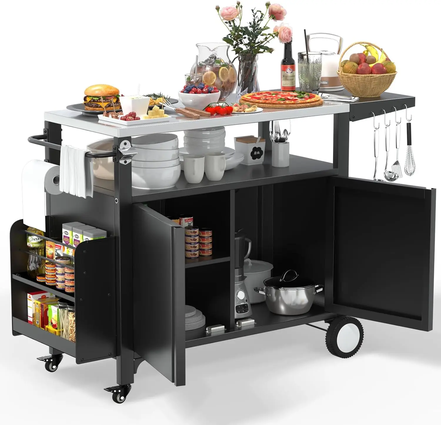 Xl Outdoor Grill Cart With Wheels, Weatherproof Outdoor Kitchen Outdoor Bar Cart Mobile Bbq With Foldable Stainless Steel Top &