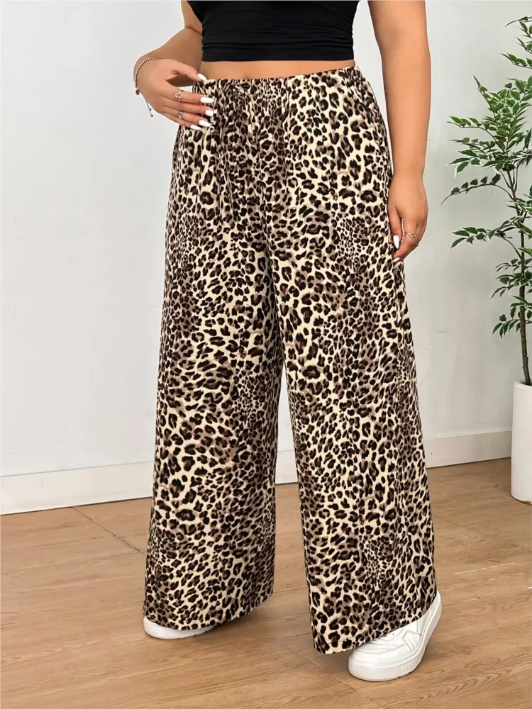 Pantalones de cintura alta con estampado de leopardo para mujer, pantalón plisado, holgado, informal, estilo coreano, pierna ancha, talla grande, otoño