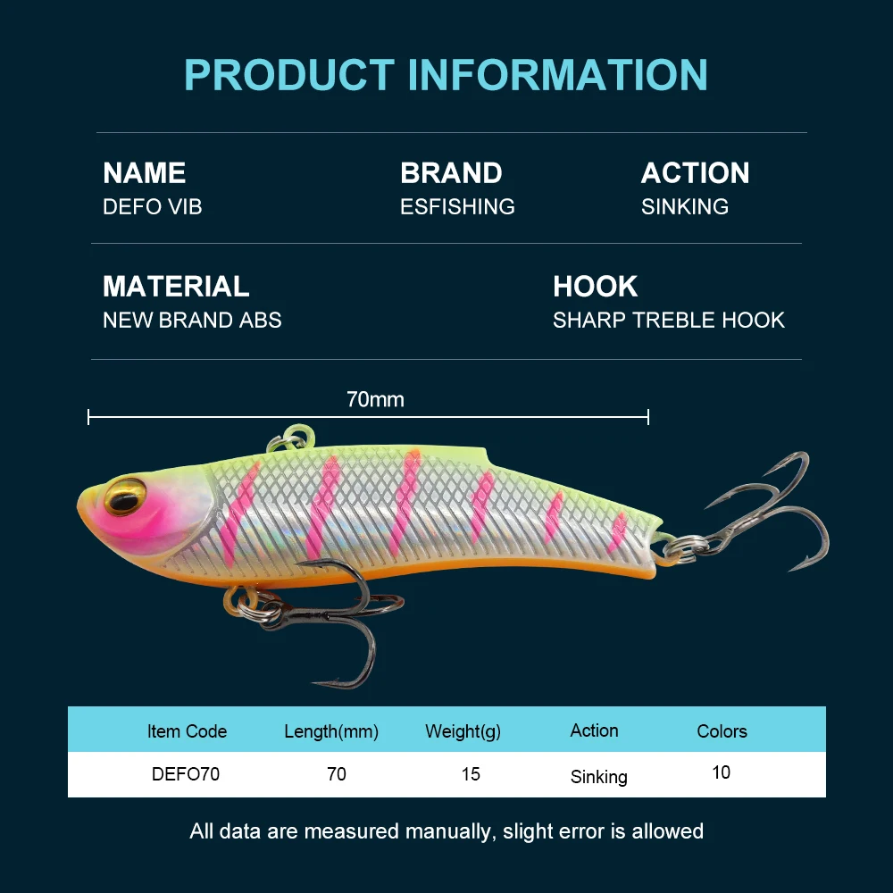 ESFISHING Chất Lượng Mồi DEFO VIB 70mm15g Pike Mùa Đông Băng Dụ Giải Quyết Đánh Chìm Icsa Nhân Tạo Wobblers Miễn Phí Vận Chuyển