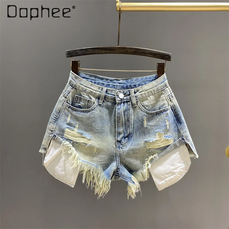 

Women's Pockets Denim Shorts Hot Girl Wide-Leg Short Jeans 2024 Summer Work Wear Streetwear Ripped Slimming A- Line Hot Pants