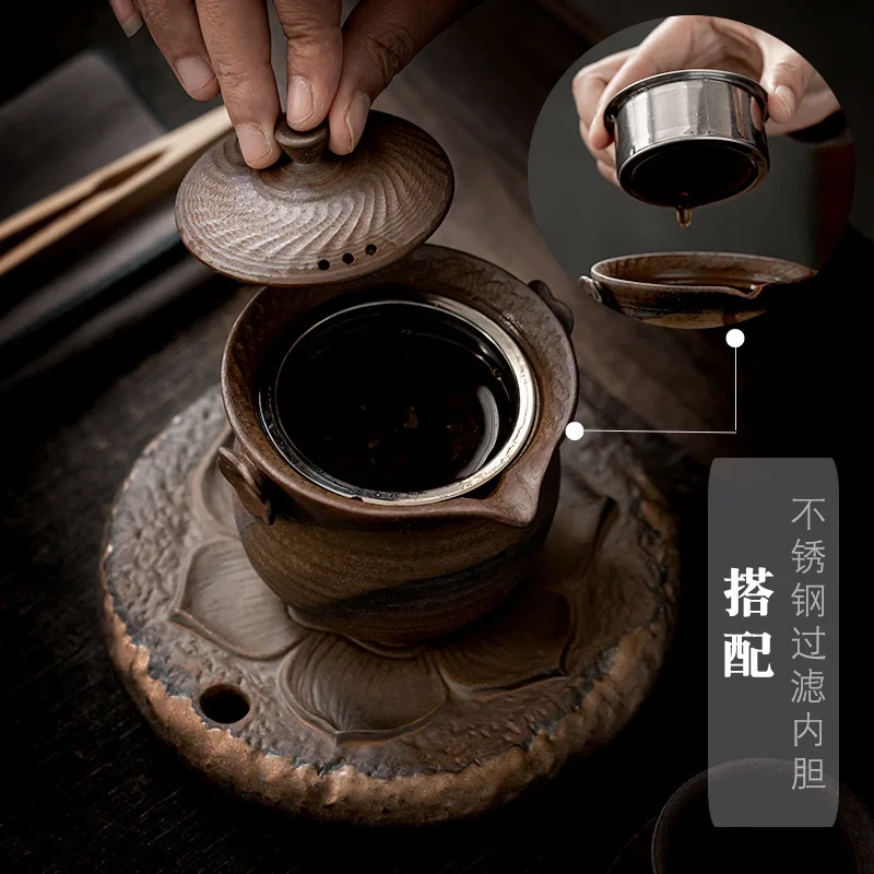 Japanese Style Coarse Pottery Teapot Home with Filter Single Pot Imitation Firewood Pot Retro Teapot Pu'er Tea Making Device