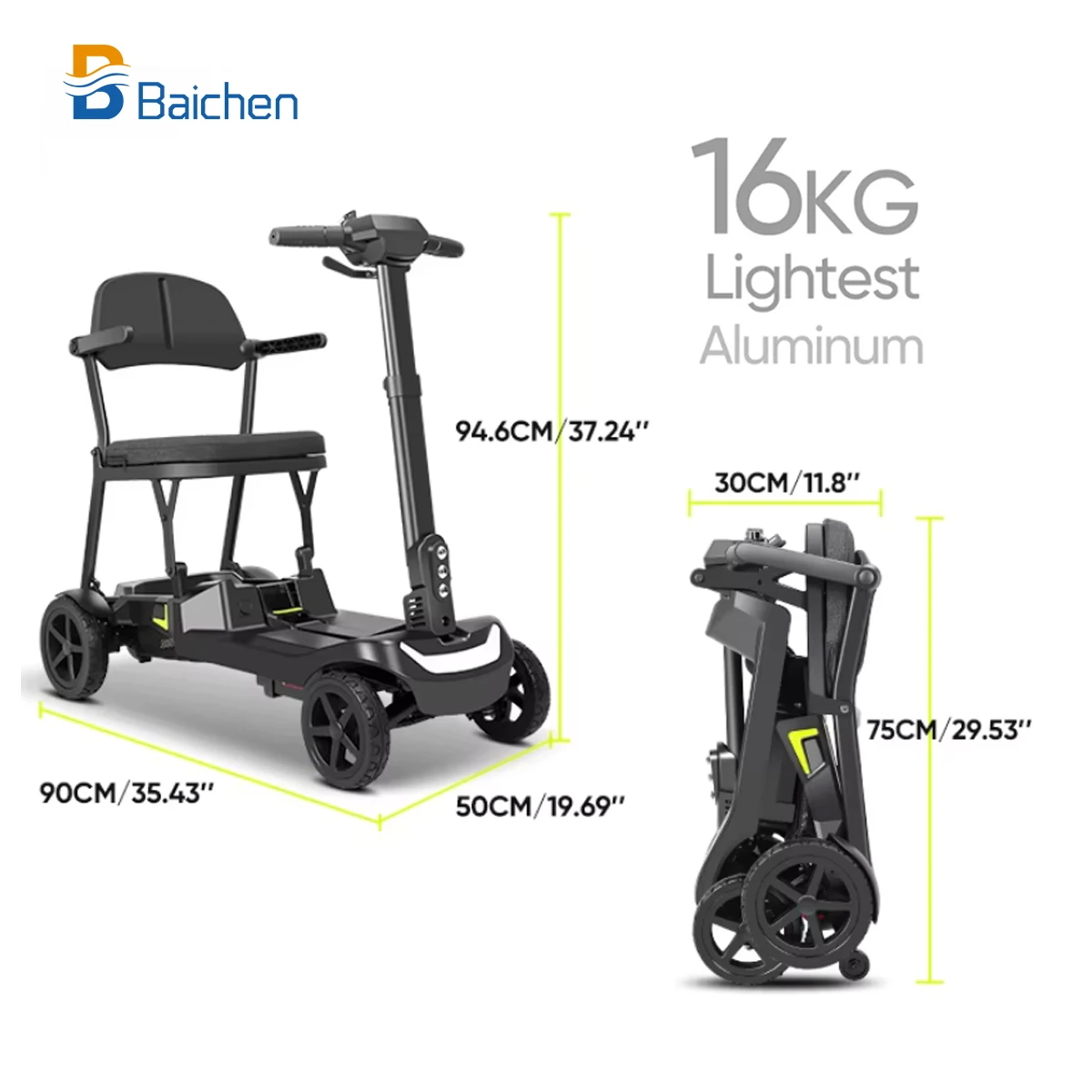 2025 Baichen 270W moteur sans brosse accoudoirs réglables voyage pliant 4 roues mobilité Scooter avec siège