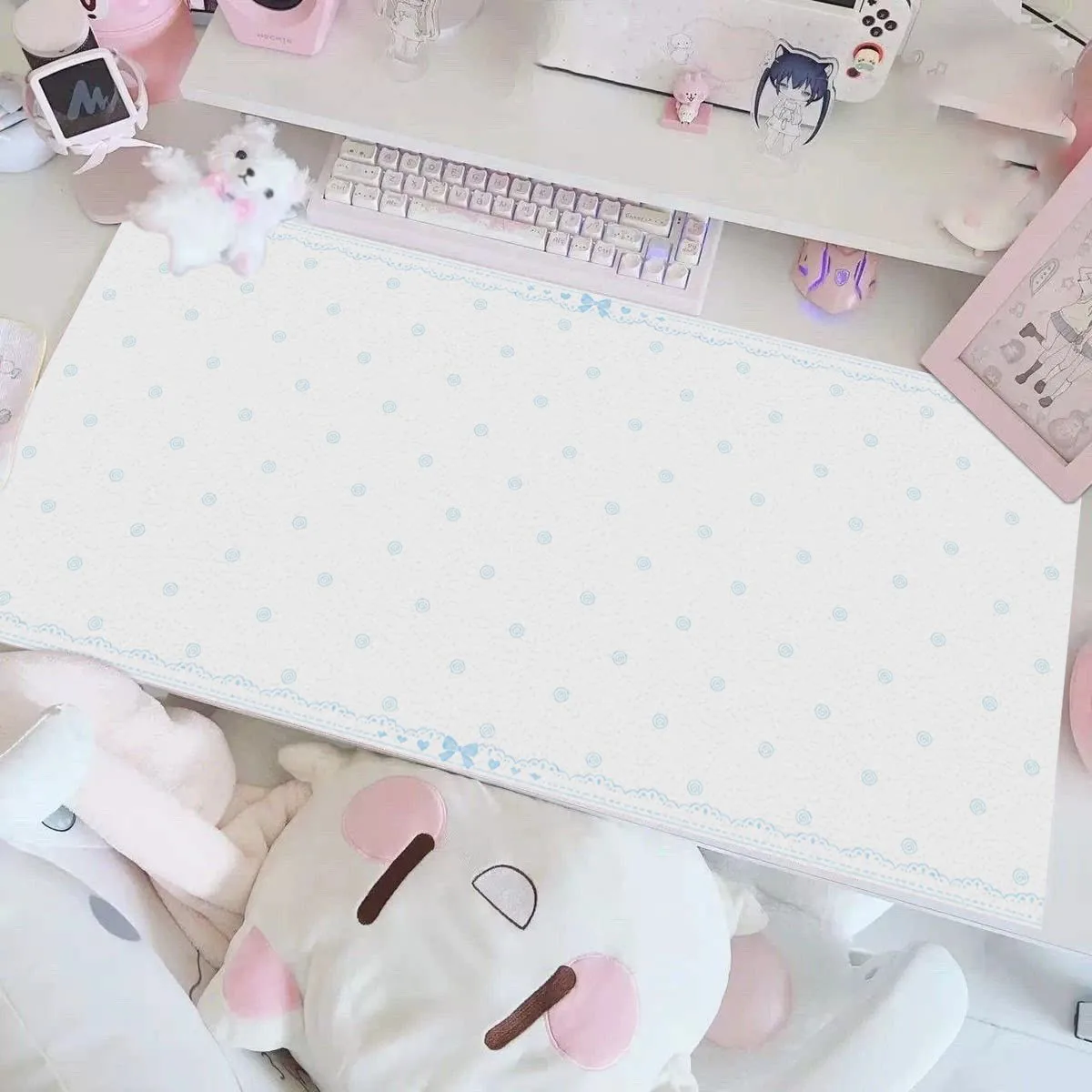 Fish Cake Bow Raindrop Pixel Star Blue Leather Desk Pad Protector Y2K Mouse Pad Office Desk Mat Non-Slip PU Desk Blotter Pad
