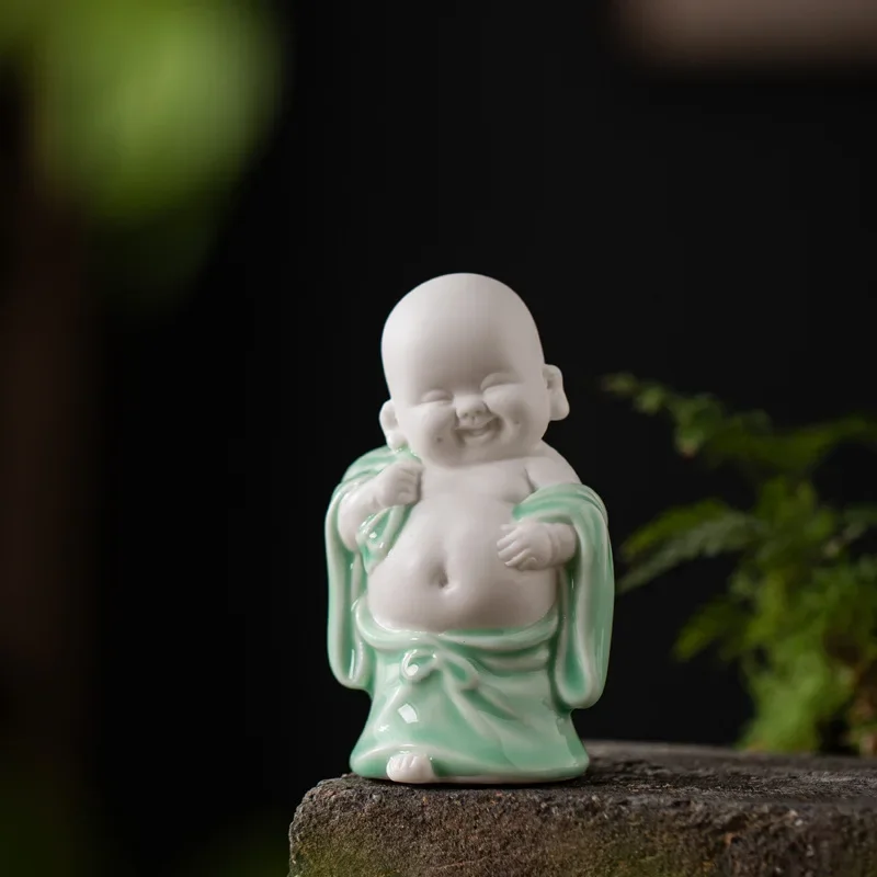 FX-18 Ceramic Lucky Happy Maitreya Buddha Small Ornament Office Tabletop Bogu Frame Laughing Buddha Decoration  Arrangement