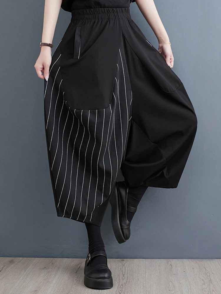 Black Vintage Patchwork Striped High Waist Wide Leg Pants Women New Loose Casual Ladies Trousers Fashion Streetwear Summer 2024