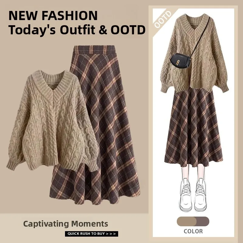 

Retro Japanese Knitted Sweater Women's Loose Lazy Design High Waist Plaid Skirt Set Warm Cozy Long Sleeve V-Neck Sweater