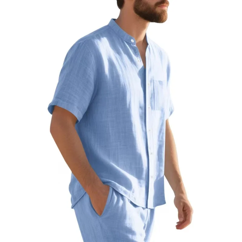

2026 Cotton Linen Shirt Men Henley Neck Pocket Casual Beach Short Sleeve Solid Color Male Lapel Tops T Shirts Vintage Streetwear