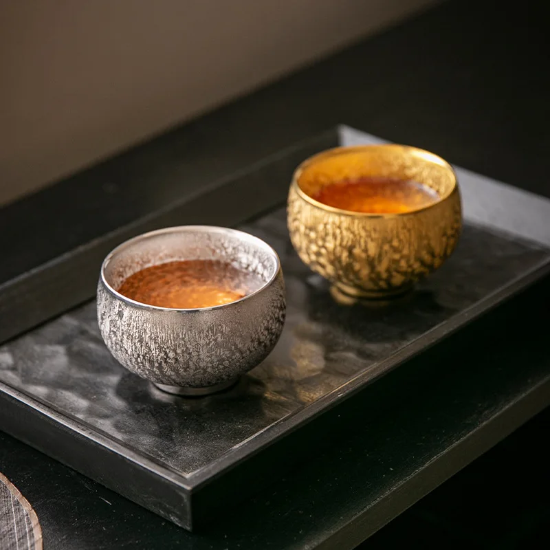 2Pcs Jianzhan gilt silver teacup household Chinese ceramic retro high-end Jianzhan master cup tea cup gift box packaging