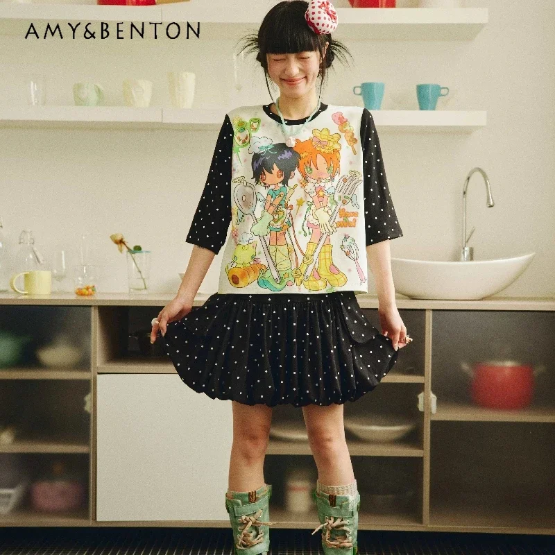 

Japanese Original Women's Top Summer Cartoon Animation Printing Tees Polka Dot Splicing Cute Sweet 5-point Sleeve T-shirt Ladies