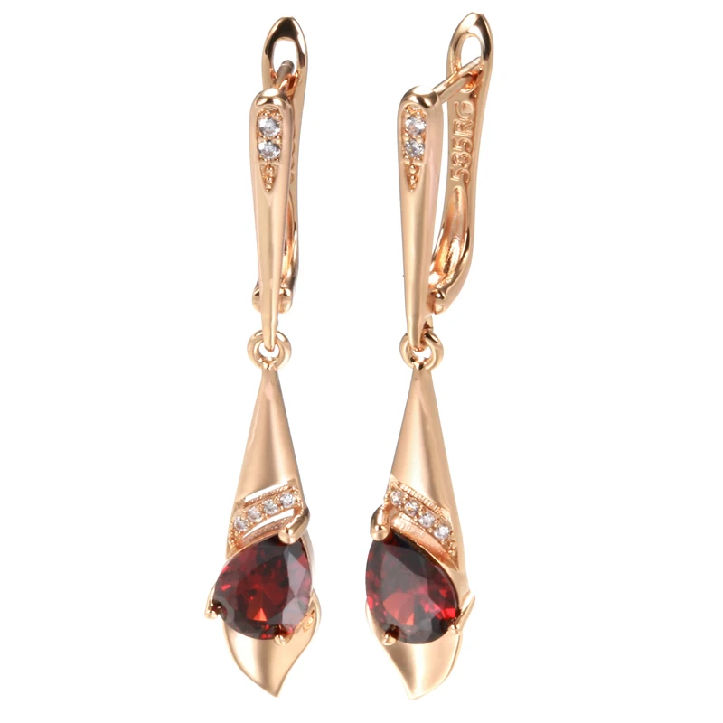 Kinel New 585 Rose Gold Color Long Dangle Earrings For Women Red Natural Zircon Bride Drop Earrings Vintage Wedding Jewelry