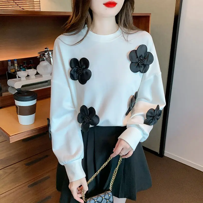 Temperament loose o neck three-dimensional flower sweatshirt women autumn and winter new loose and slimming pullover sweatshirt