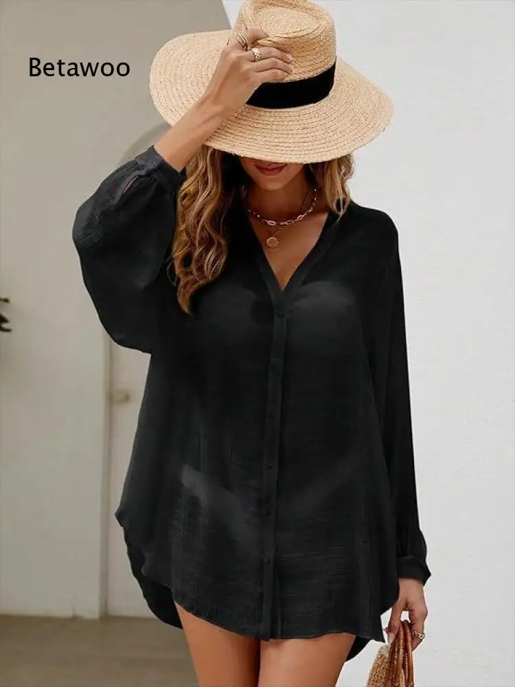 Lightweight Textured Oversized Shirt V Neck Front Buttons Long Puff Sleeve Curved Hem Vacation Cover Up