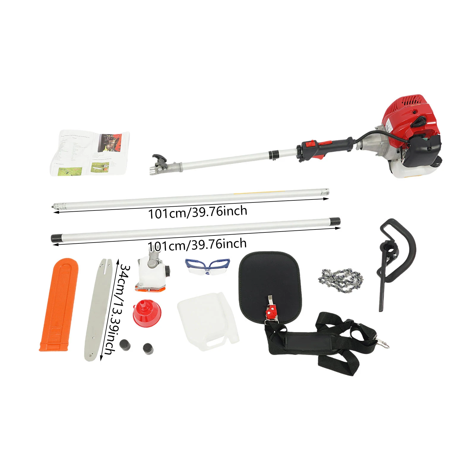 Красная цепная пила с длинной обрезкой, телескопическая стойка 7,87-11,48 фута, 2-тактный двигатель мощностью 1,25 кВт, 12-дюймовая цепь из марганцевой стали для обрезки деревьев