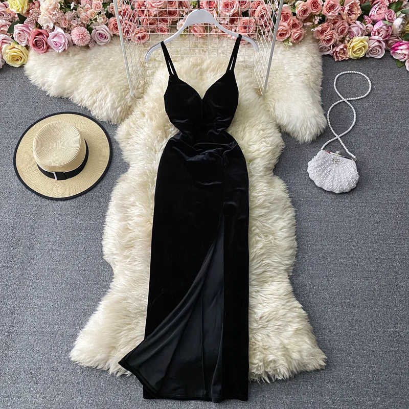 Slim Bra Dress 2022 Spring Women Velvet Suspender Show Atmosphere Celebrity Temperament Fashion Split Virtual Party Clothing