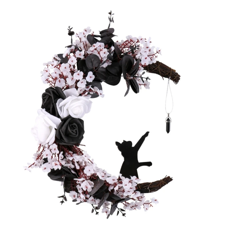 

Halloweens Christmas Wreath Stylish Flower Roses Fashion Accessory with Cats Moon Pendant for Festival Decoration