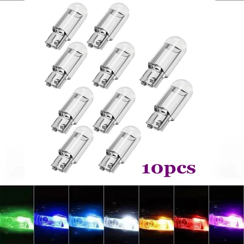 

10Pcs Car Light W5W 194 T10 LED Glass Housing Cob Car Bulb 6000K White Green Blue Red Wedge License Plate Lamp Dome Super Bright