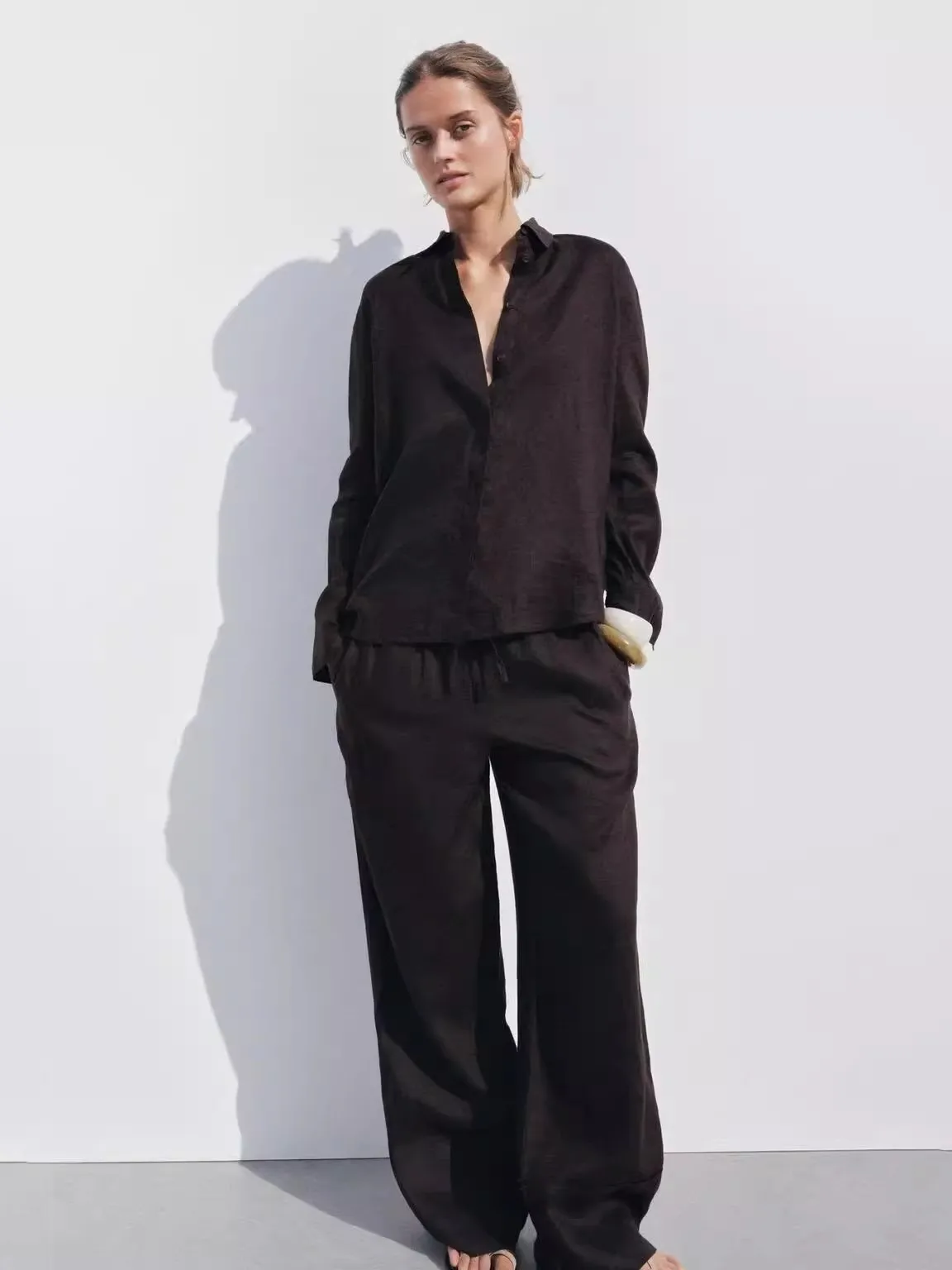 

New Spring Women's Linen Blend Long Sve Collar Casual Pants irt Comfortable Loose Fit Pure Color Button Detailing