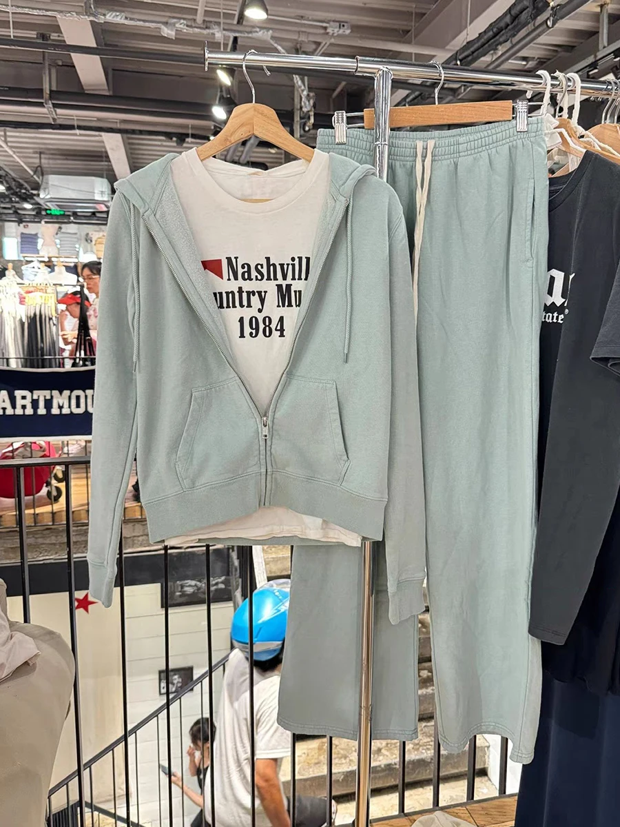 

Solid Hoodie Pant Set Woman Autumn Pocket Hooded Zip-up Sweatshirt+Drawstring Straight Sweatpant Cotton Sport 2 Piece Sets New