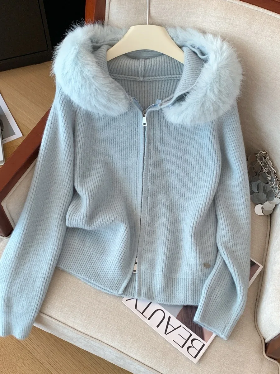 

Korean Sle Hooded Knitwear Cardigan Women's Soft Blue Large Fur Collar Spring Autumn New Lazy Sle Warmth Emitting Outerwear