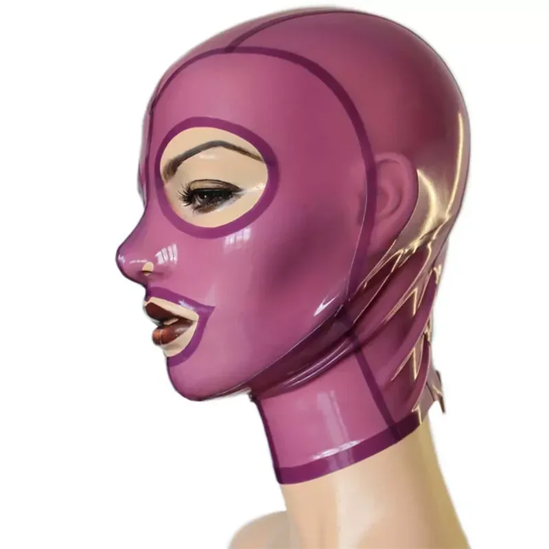 Transparant Paars Latex Kap Sexy Fetish Masker Open Ogen en Mond met Rits aan de achterkant voor Halloween Cosplay Kostuums