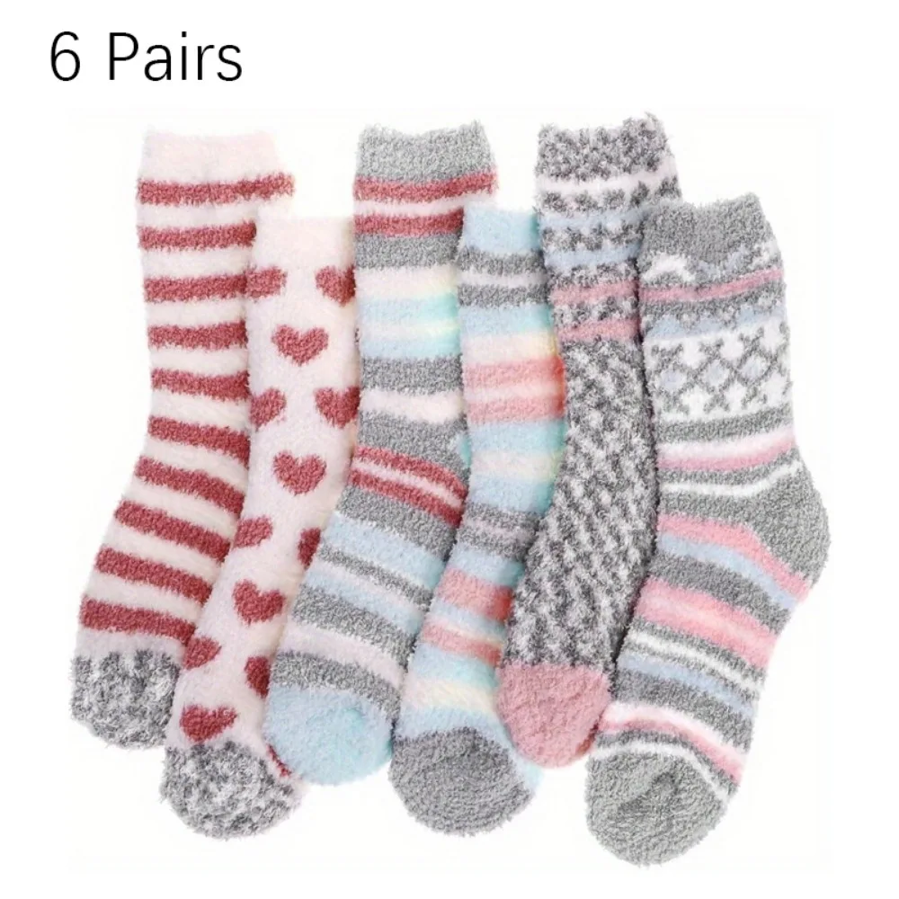 

Colorful Striped Love Heart Coral Velvet Socks Sweat Absorption Thick Home Floor Socks Soft Cozy Winter Warm Keep Warm Socks