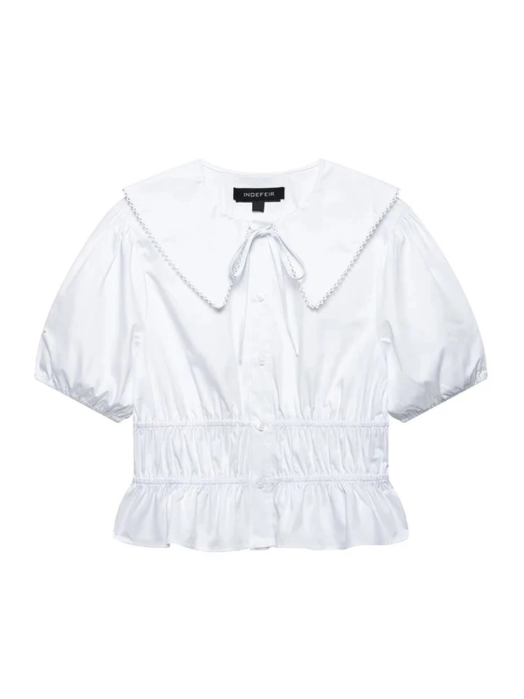 

Women's Fashion French Chic Doll Collar Bow Tie Ruffle Hem Shirt Simple Casual White Single Breasted Short Sleeve Blouse