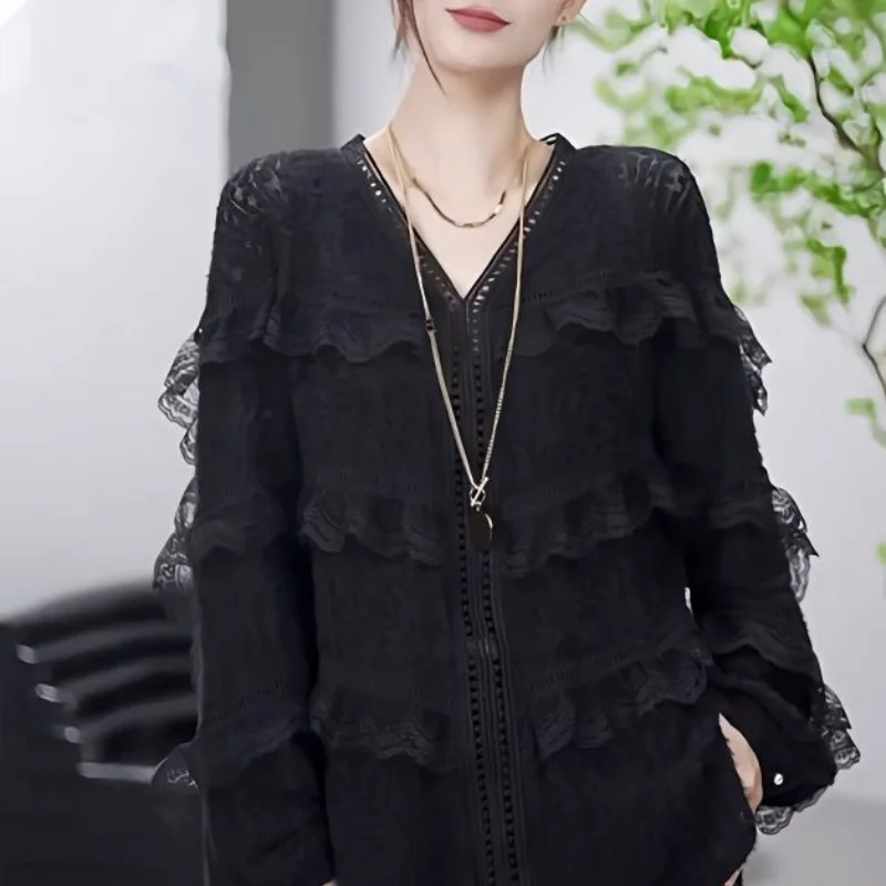 

Women's Summer New V-Neck Pullover Shirt Commute Fashion Lace Hollow Splice Solid Casual Versatile Long Sleeved Mid Length Tops