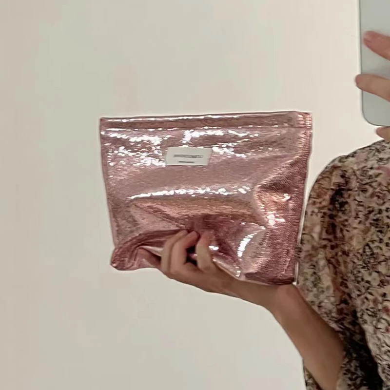 Semplice lucido paillettes argento frizione borsa cosmetica borsa per il trucco portatile ragazze articoli da toeletta borsa per la cura della pelle