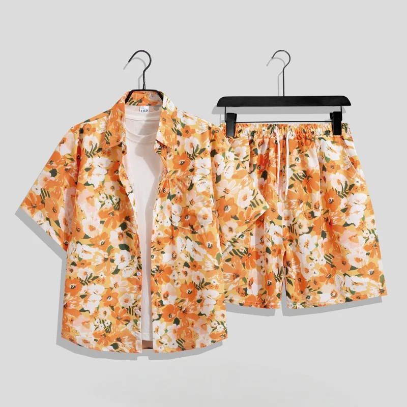 

Summer Men's Retro Hawaiian Flower Shirt Beach Suit Loose Casual Quick Drying Short Sleeve Floral Shirt Shorts Two Piece Set