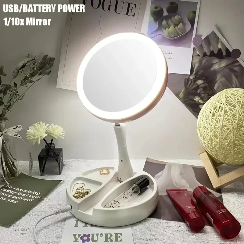

3pc Battery/USB Dual Purpose Double-Sided Mirror LED Makeup Mirror Portable Makeup Mirror Makeup Light With 10XMagnification