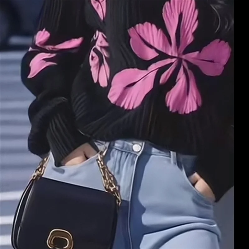 Printemps automne tricots pull femmes 2025 nouvelle mode ample décontracté fleur impression hauts col en v chemise noire femme