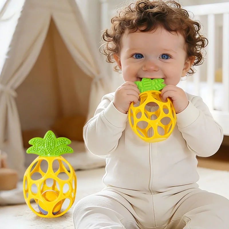 Pineapple Teething Rattle Ball For Baby Soft Silicone Grasping Toy Easy Hold Hand Exercise Soothing Sensory Early Learning Gift