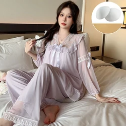 2023 New Pajama Women Spring Autumn Long Sleeved Loungewear V-neck Flower Bud Bow Slim Set Purple Homewear Chest Pad Sleepwear