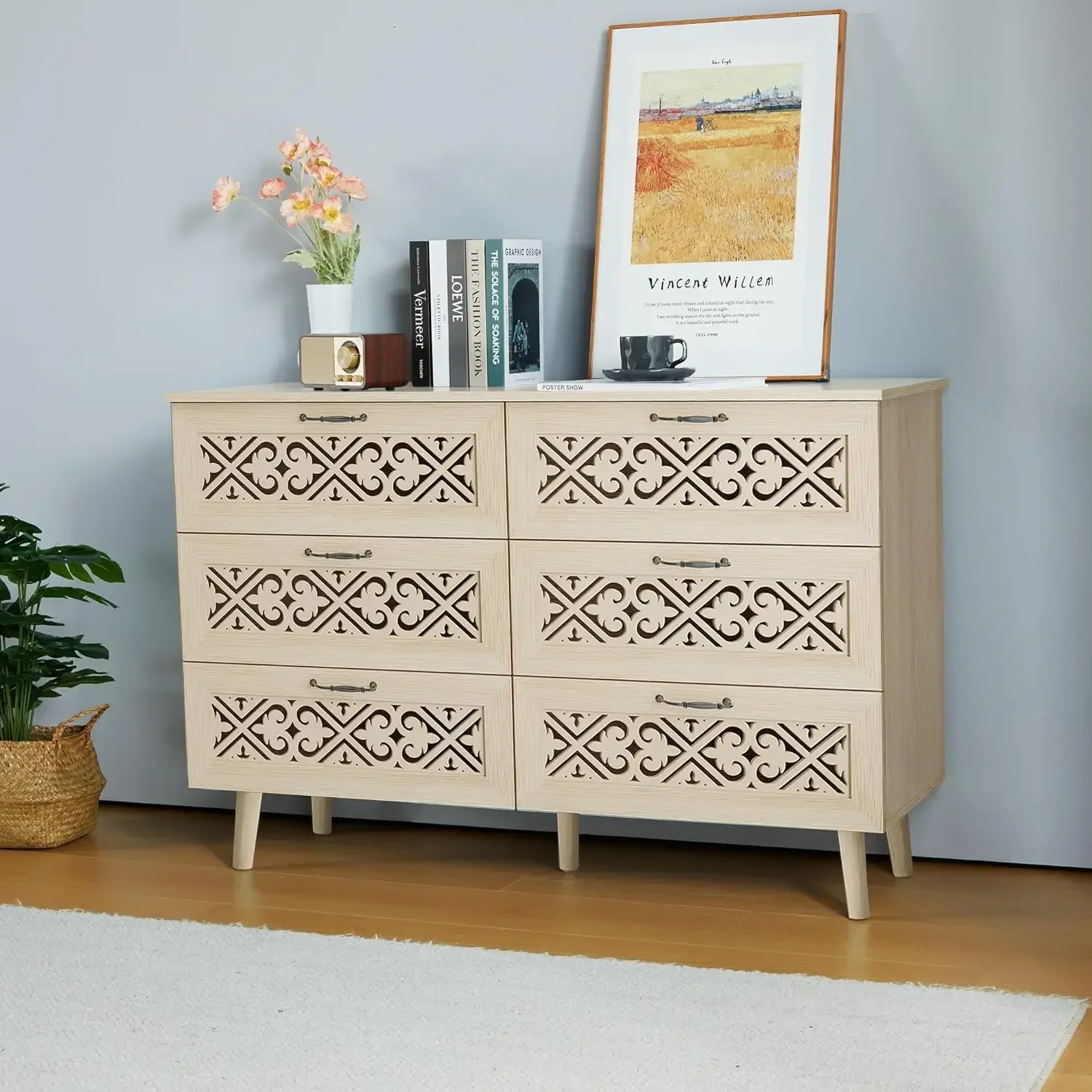 6 Drawer Modern Farmhouse Dresser Chest with Wide Drawers and Metal Handles, Storage Chest of Drawers