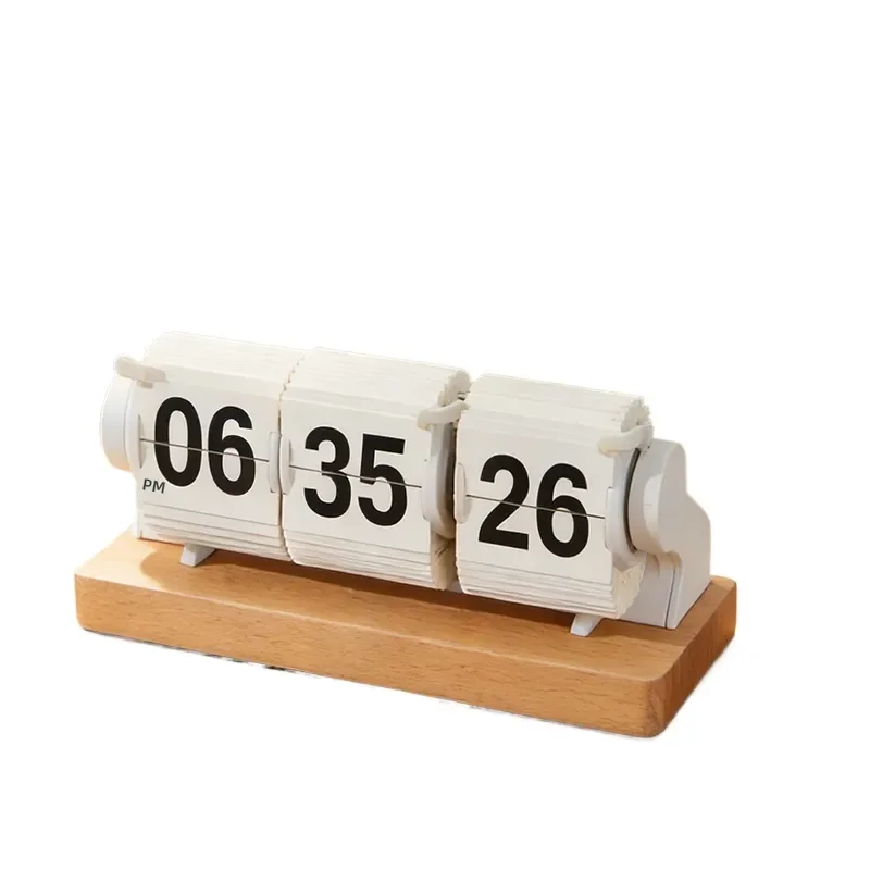 New Retro Wooden Base Automatic Page Turning Clock USB Alarm Clock Desktop Timing Clock