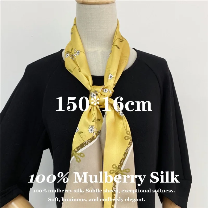 

New Print Neckerchief Silk Scarf Double Layer 100% Mulberry Silk Headband Female Foulard Ribbons Thin Narrow Long Hijab Hairband