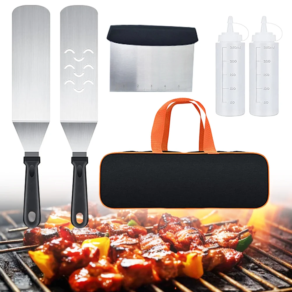 6Pcs/Set Grill Accessories Set Heavy Stainless Steel Metal Scraper Kit with Carry Bag  BBQ Cooking Set Grill Spatula Scraper Kit