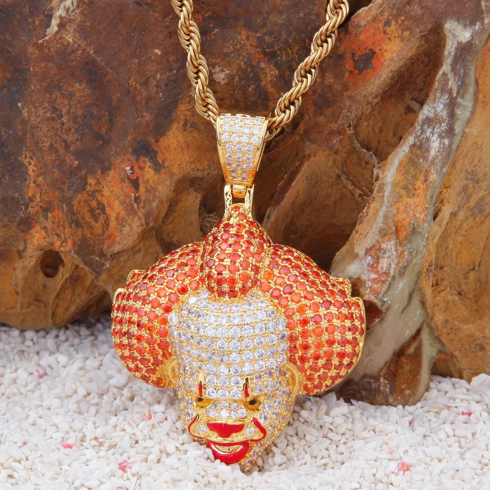 Men's Hip-Hop Circus Clown Doll Mask Pendant Necklace Set with Zircon Colored Dripping Oil Fashion Jewelry Cute Chain Accessory