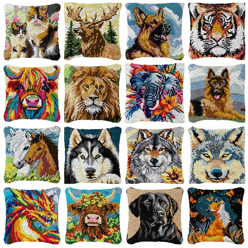 Lion tigre loup Animal loquet crochet coussin taie d'oreiller crochet tapis broderie oreiller loquet crochet Kit tricoté noeud tapis bricolage