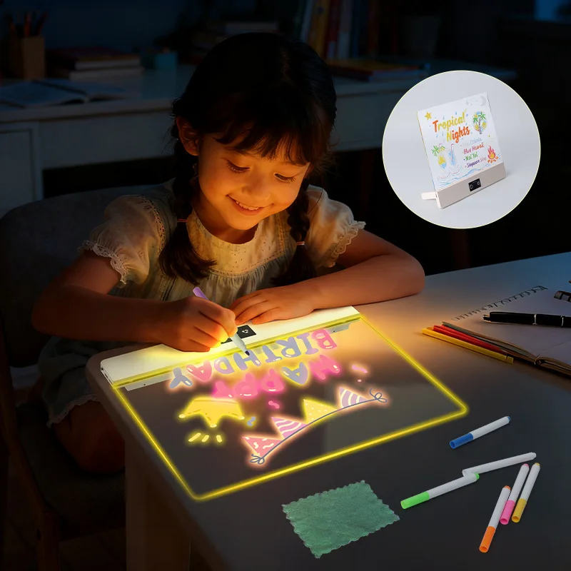 LED Note Board for Kids with Night Light 7 Colorful Pens DIY Acrylic Message Magic Board Children's Drawing Board Birthday Gift